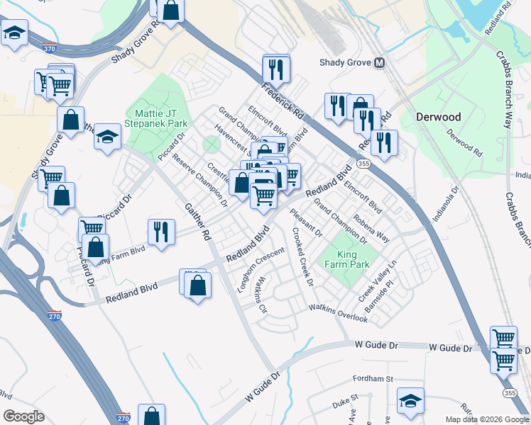 map of restaurants, bars, coffee shops, grocery stores, and more near 403 Redland Boulevard in Rockville