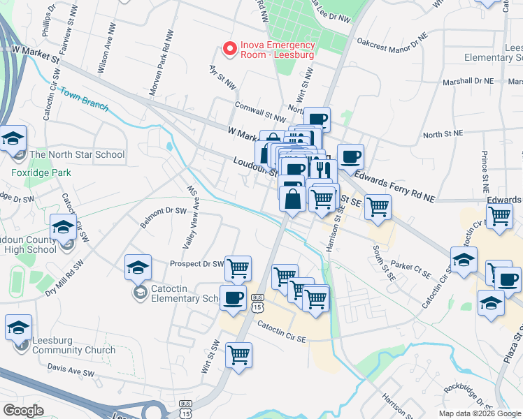 map of restaurants, bars, coffee shops, grocery stores, and more near 298 Wirt Street Southwest in Leesburg