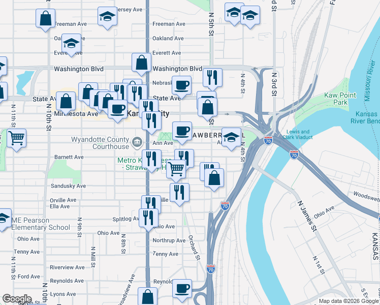 map of restaurants, bars, coffee shops, grocery stores, and more near 533 Barnett Avenue in Kansas City