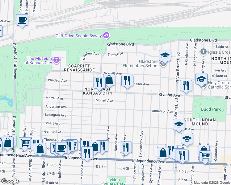 map of restaurants, bars, coffee shops, grocery stores, and more near St John Ave & Clinton Pl in Kansas City