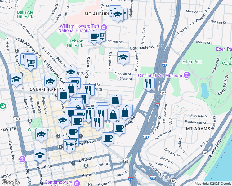 map of restaurants, bars, coffee shops, grocery stores, and more near 501 Milton Street in Cincinnati
