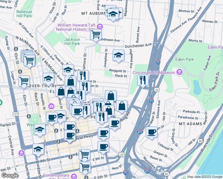 map of restaurants, bars, coffee shops, grocery stores, and more near 501 Milton Street in Cincinnati