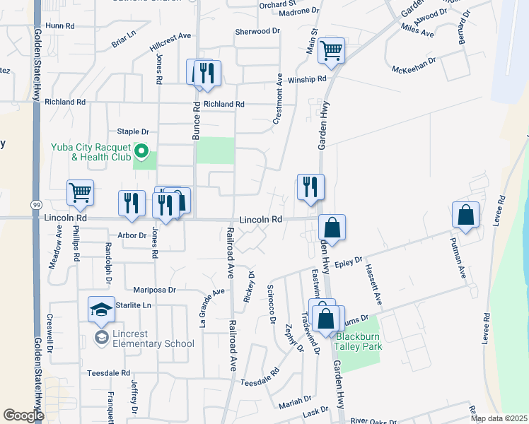 map of restaurants, bars, coffee shops, grocery stores, and more near 750 Lincoln Road in Yuba City