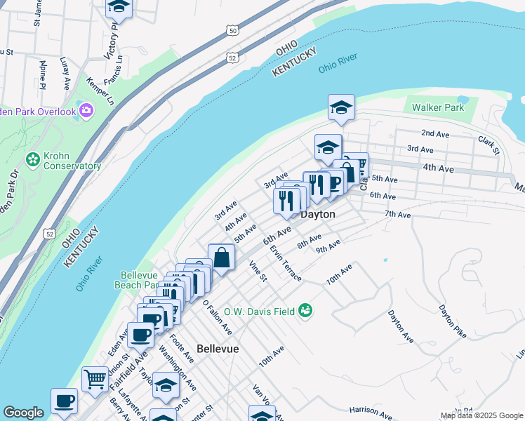 map of restaurants, bars, coffee shops, grocery stores, and more near 420 5th Avenue in Dayton