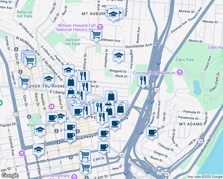 map of restaurants, bars, coffee shops, grocery stores, and more near 446 Liberty Hill in Cincinnati