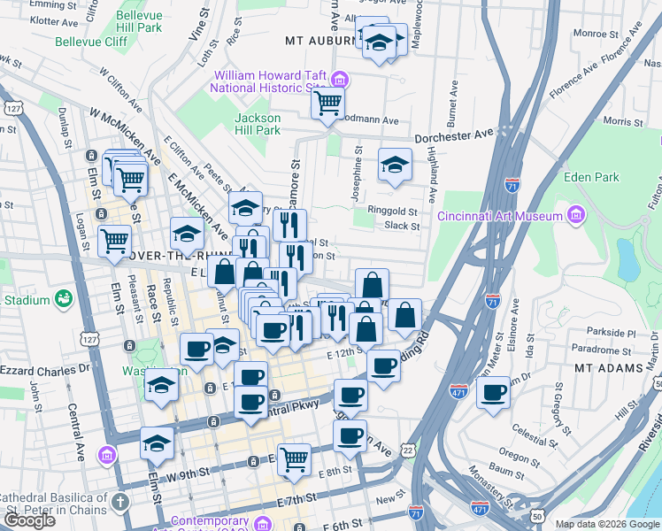 map of restaurants, bars, coffee shops, grocery stores, and more near 412 East Liberty Street in Cincinnati