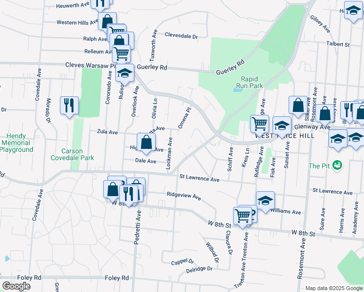 map of restaurants, bars, coffee shops, grocery stores, and more near 4666 Rapid Run Road in Cincinnati