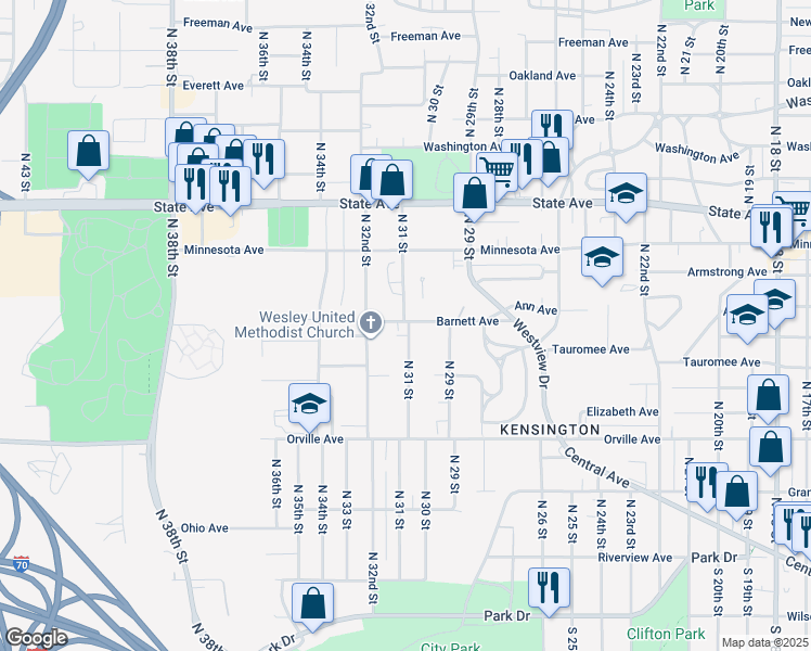 map of restaurants, bars, coffee shops, grocery stores, and more near 635 North 31 Street in Kansas City