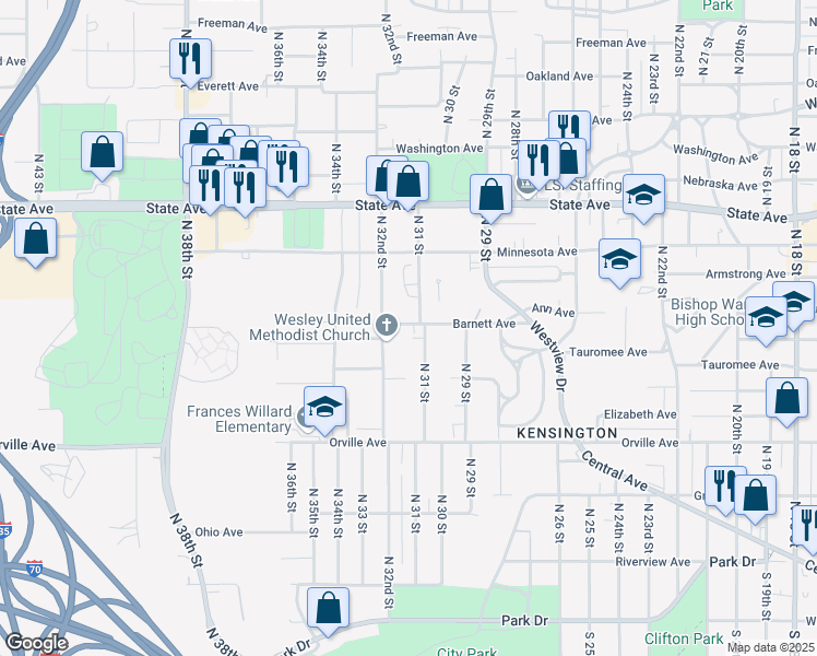map of restaurants, bars, coffee shops, grocery stores, and more near 631 North 32nd Street in Kansas City