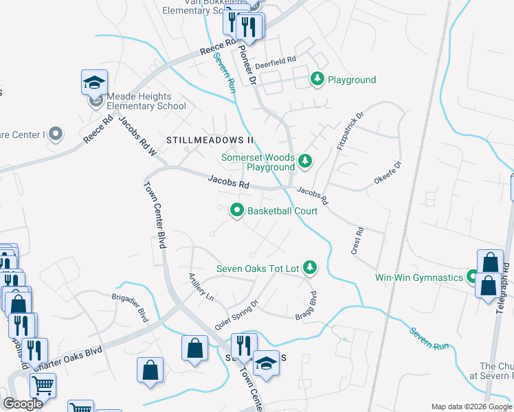 map of restaurants, bars, coffee shops, grocery stores, and more near 1724 Jennifer Meadows Court in Severn