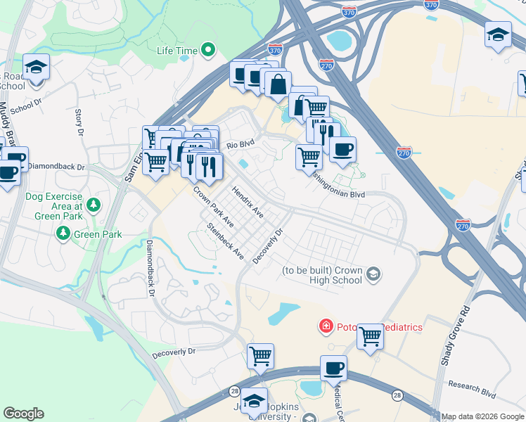 map of restaurants, bars, coffee shops, grocery stores, and more near 138 Strummer Lane in Gaithersburg