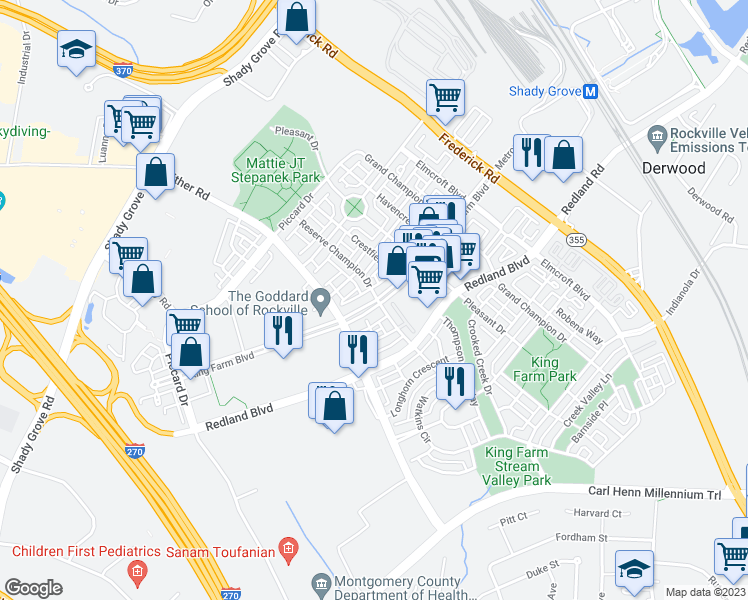 map of restaurants, bars, coffee shops, grocery stores, and more near 315 King Farm Boulevard in Rockville