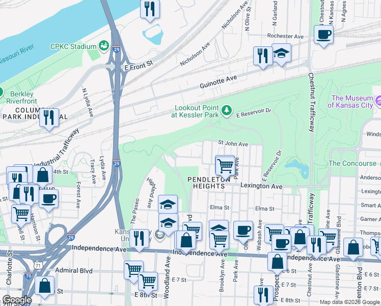 map of restaurants, bars, coffee shops, grocery stores, and more near 1836 Pendleton Avenue in Kansas City