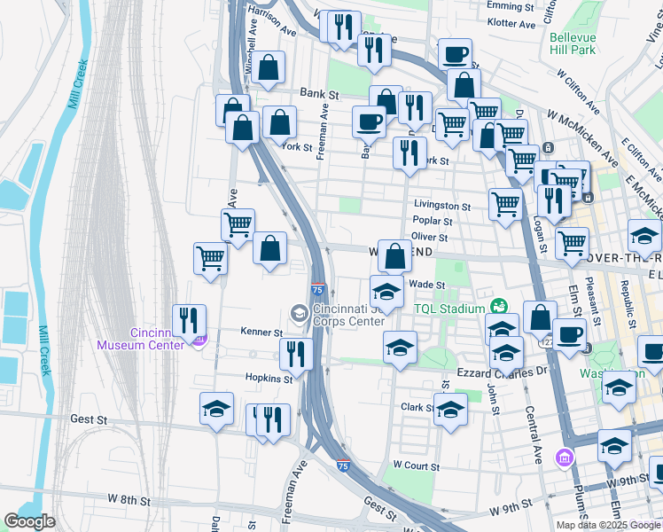 map of restaurants, bars, coffee shops, grocery stores, and more near Winchell Avenue in Cincinnati