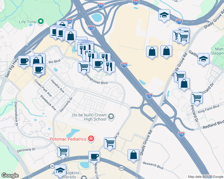 map of restaurants, bars, coffee shops, grocery stores, and more near 28 Case Street in Gaithersburg