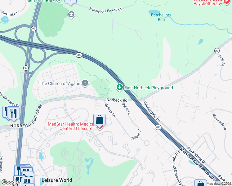 map of restaurants, bars, coffee shops, grocery stores, and more near 3131 Norbeck Road in Silver Spring