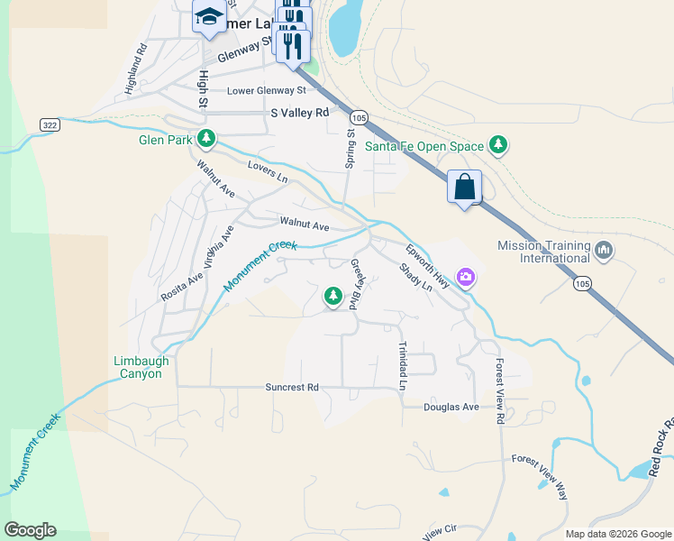 map of restaurants, bars, coffee shops, grocery stores, and more near 201 Pinecrest Way in Palmer Lake
