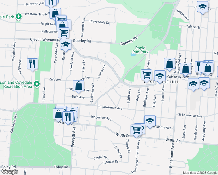 map of restaurants, bars, coffee shops, grocery stores, and more near 4627 Midland Avenue in Cincinnati