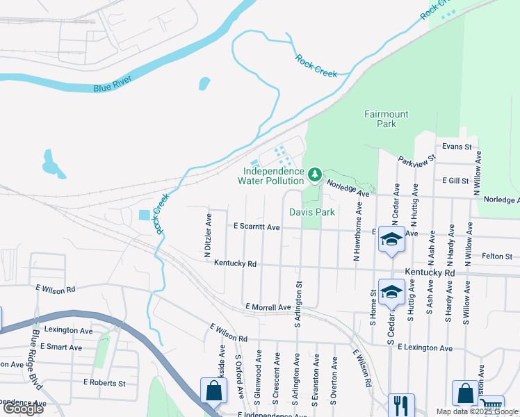 map of restaurants, bars, coffee shops, grocery stores, and more near 220 North Glenwood Avenue in Independence