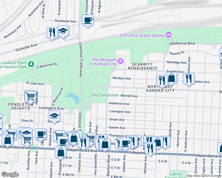 map of restaurants, bars, coffee shops, grocery stores, and more near 3216 Morrell Avenue in Kansas City