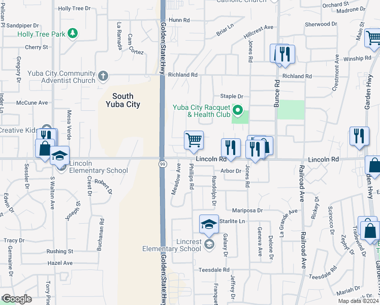 map of restaurants, bars, coffee shops, grocery stores, and more near 1183 John Wayne Drive in Yuba City