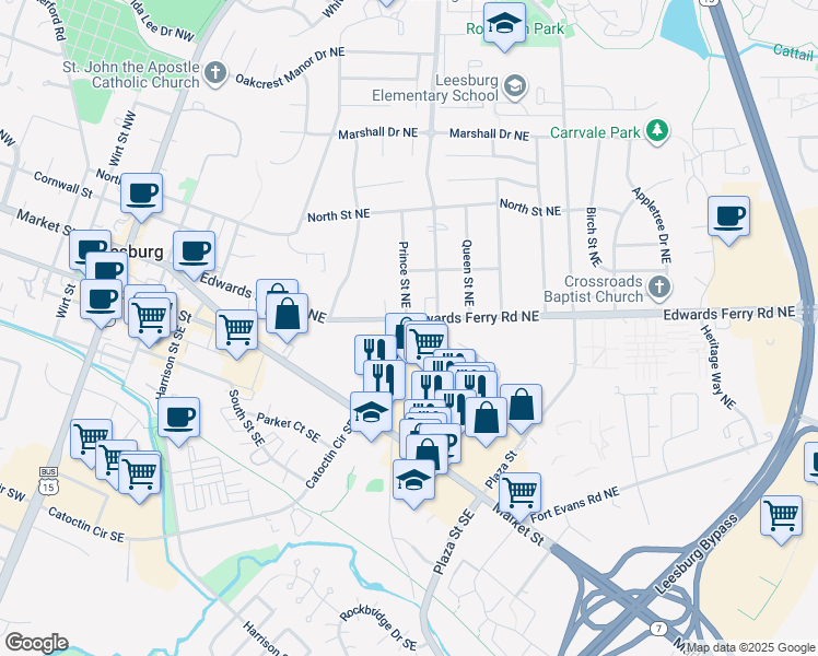 map of restaurants, bars, coffee shops, grocery stores, and more near 401 Edwards Ferry Road Northeast in Leesburg