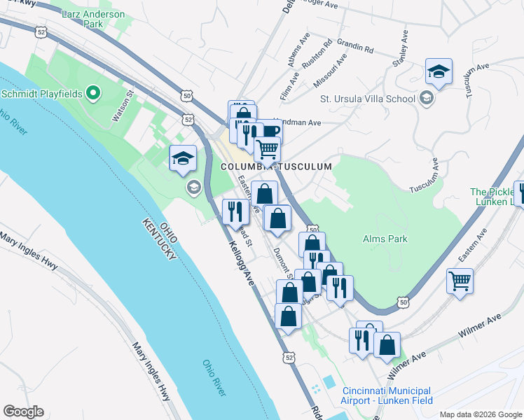 map of restaurants, bars, coffee shops, grocery stores, and more near in Cincinnati
