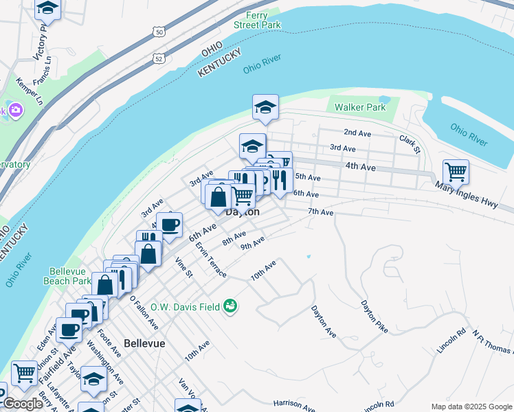 map of restaurants, bars, coffee shops, grocery stores, and more near in Dayton