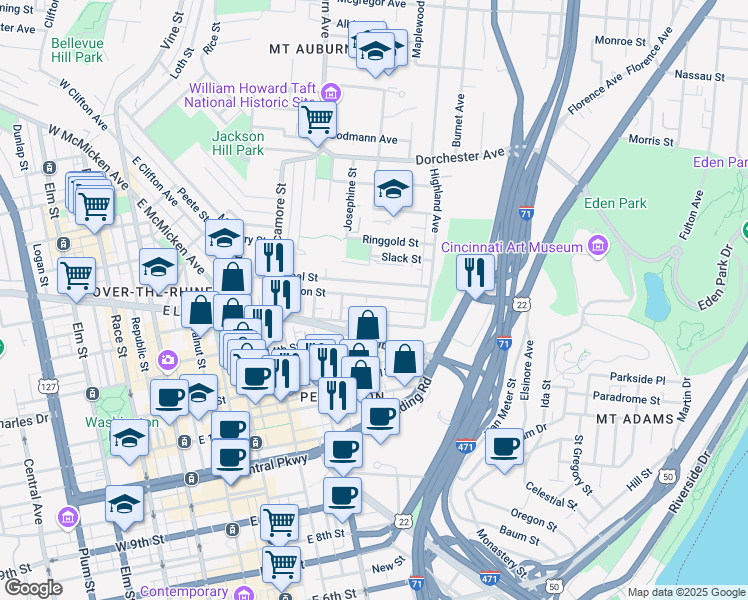 map of restaurants, bars, coffee shops, grocery stores, and more near 446 Liberty Hill in Cincinnati
