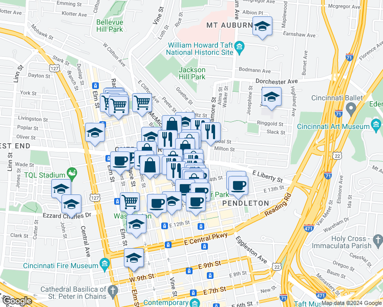 map of restaurants, bars, coffee shops, grocery stores, and more near 1432 East Liberty Street in Cincinnati