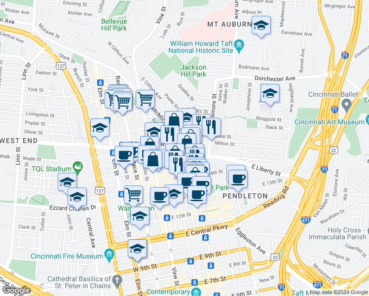 map of restaurants, bars, coffee shops, grocery stores, and more near 1432 East Liberty Street in Cincinnati