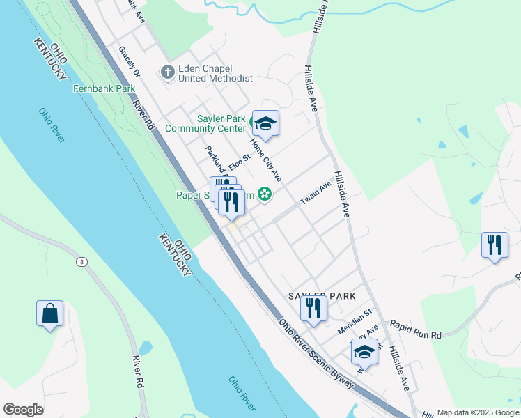 map of restaurants, bars, coffee shops, grocery stores, and more near 6571 Parkland Avenue in Cincinnati