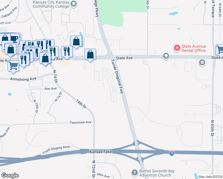 map of restaurants, bars, coffee shops, grocery stores, and more near 731 North 70 Terrace in Kansas City