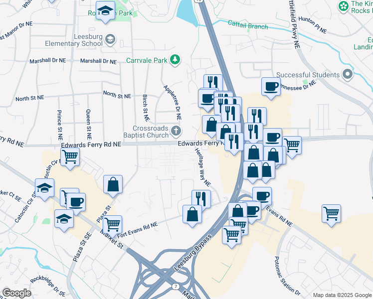 map of restaurants, bars, coffee shops, grocery stores, and more near 112 Adams Drive Northeast in Leesburg