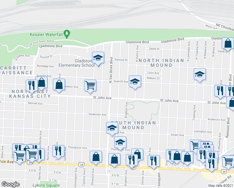 map of restaurants, bars, coffee shops, grocery stores, and more near 106 North Chelsea Avenue in Kansas City