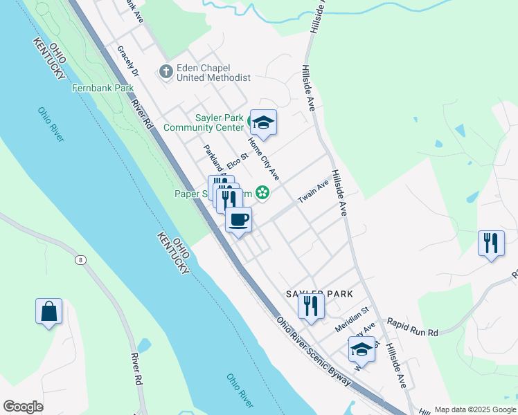 map of restaurants, bars, coffee shops, grocery stores, and more near 6571 Parkland Avenue in Cincinnati