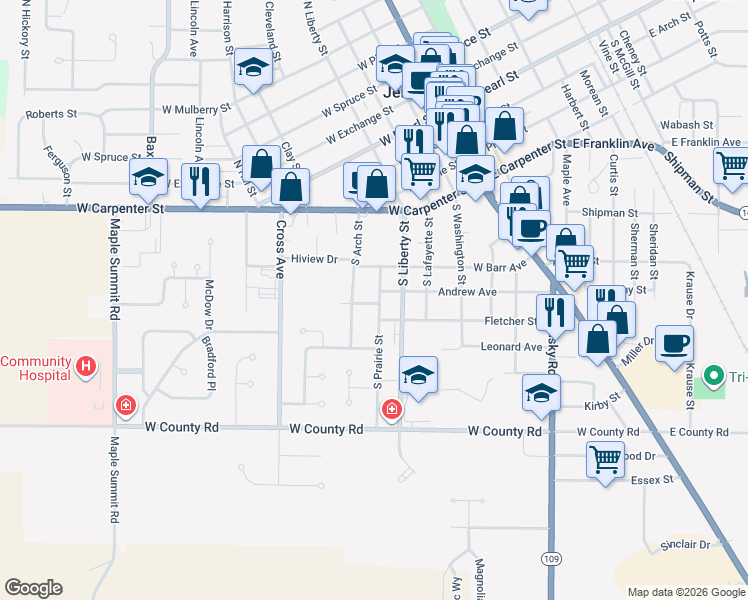 map of restaurants, bars, coffee shops, grocery stores, and more near 703 South Prairie Street in Jerseyville