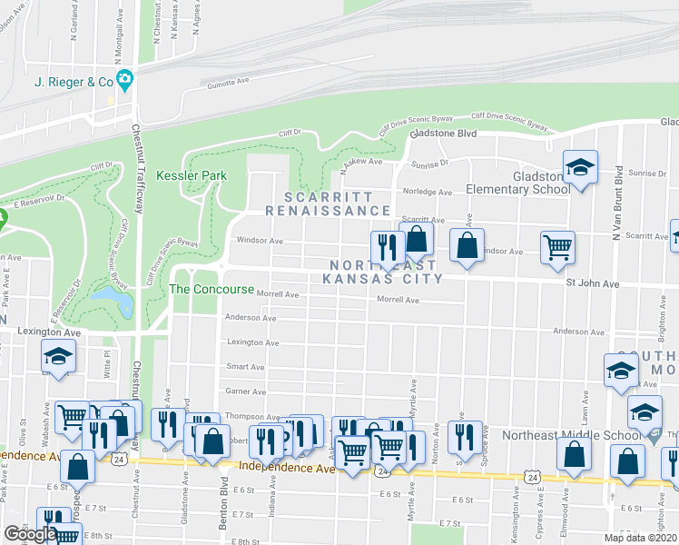 map of restaurants, bars, coffee shops, grocery stores, and more near St John Ave & Askew Ave in Kansas City