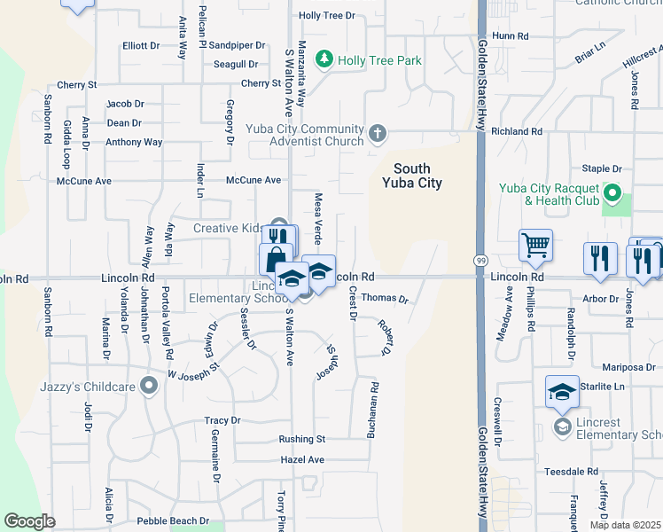 map of restaurants, bars, coffee shops, grocery stores, and more near 1557 Lincoln Road in Yuba City