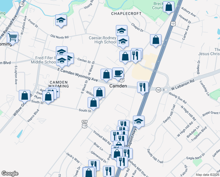 map of restaurants, bars, coffee shops, grocery stores, and more near 25 South Main Street in Camden