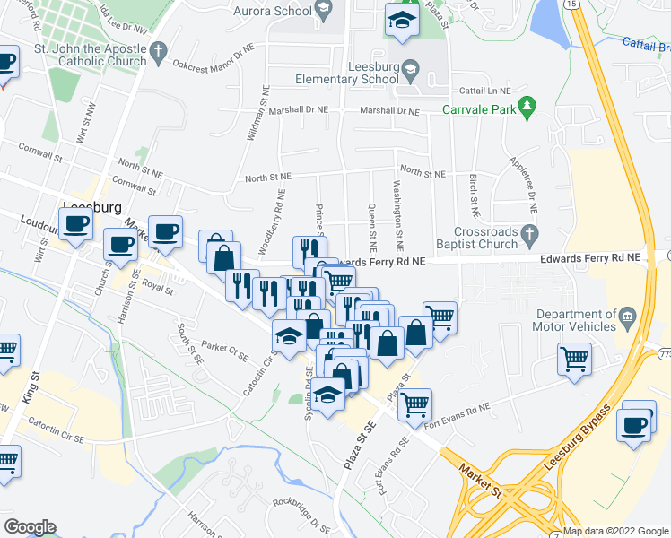 map of restaurants, bars, coffee shops, grocery stores, and more near 407 Edwards Ferry Road Northeast in Leesburg