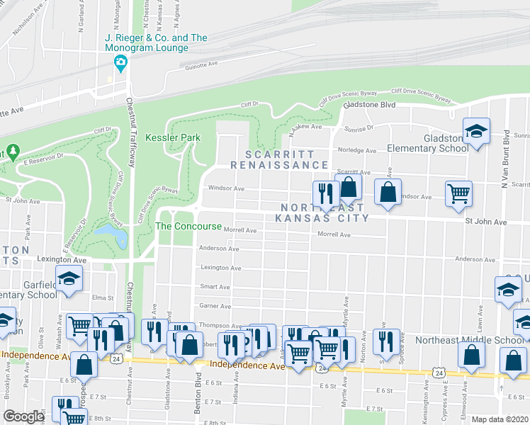 map of restaurants, bars, coffee shops, grocery stores, and more near 7 Bales Avenue in Kansas City