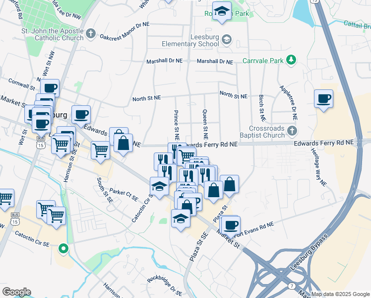 map of restaurants, bars, coffee shops, grocery stores, and more near 407 Edwards Ferry Road Northeast in Leesburg
