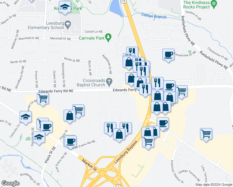 map of restaurants, bars, coffee shops, grocery stores, and more near 37 Adams Drive Northeast in Leesburg