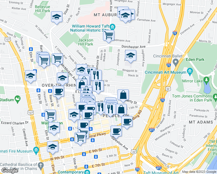 map of restaurants, bars, coffee shops, grocery stores, and more near 1620 Broadway Street in Cincinnati