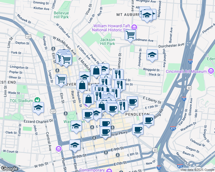 map of restaurants, bars, coffee shops, grocery stores, and more near 1614 Main Street in Cincinnati