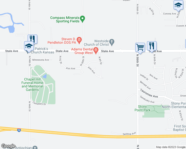 map of restaurants, bars, coffee shops, grocery stores, and more near 8905 Ann Avenue in Kansas City