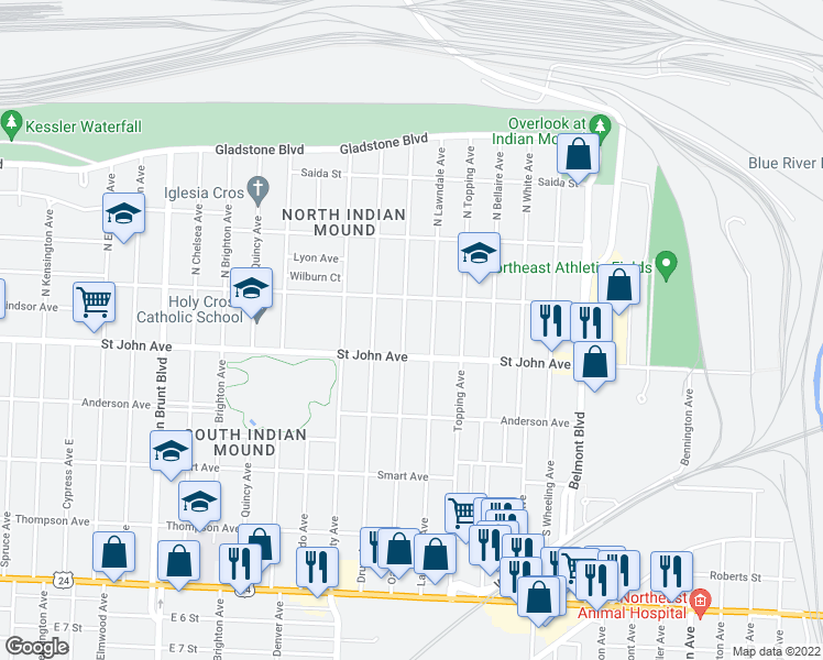 map of restaurants, bars, coffee shops, grocery stores, and more near 121 North Oakley Avenue in Kansas City