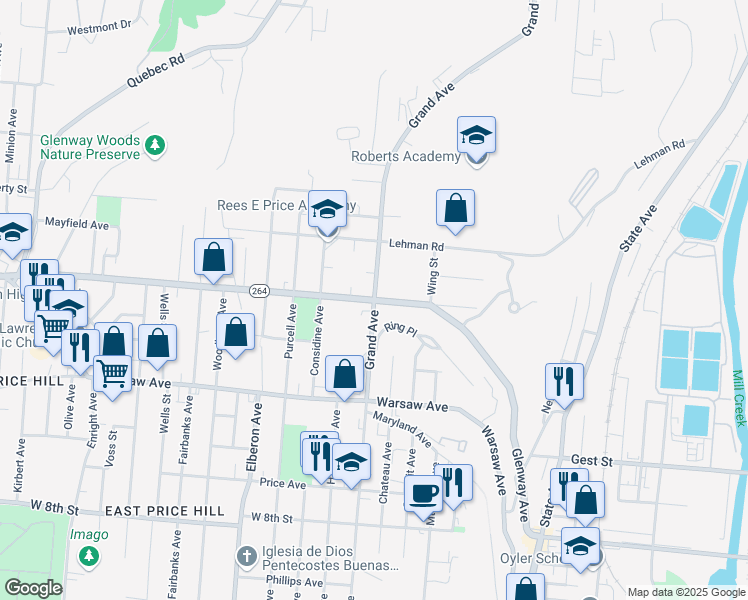 map of restaurants, bars, coffee shops, grocery stores, and more near Glenway Ave & Grand Ave in Cincinnati