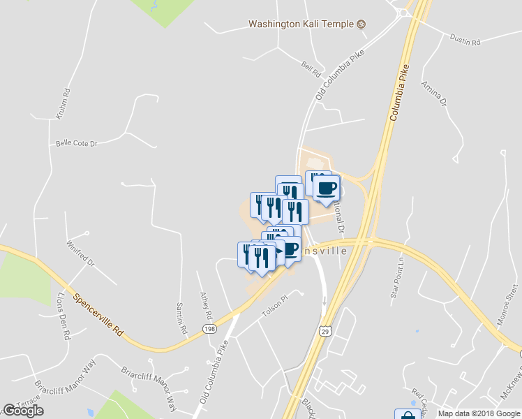 map of restaurants, bars, coffee shops, grocery stores, and more near 15618 Old Columbia Pike in Burtonsville